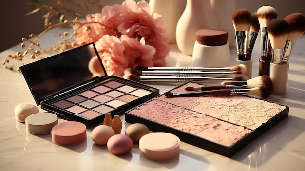 Paleta de sombras de ojos glamurosas Paleta y herramientas de maquilladores en un fondo apagado