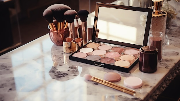 Paleta de sombras de ojos glamurosas Paleta y herramientas de maquilladores en un fondo apagado