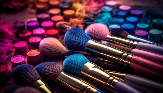 Paleta de sombras de ojos multicolores, colores vibrantes para looks de maquillaje glamorosos generados por inteligencia artificial.