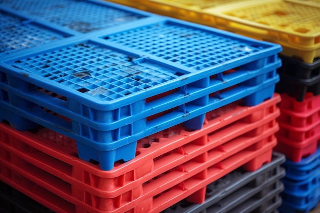 Foto paleta de transporte de plástico en pila paleta de plástico industrial apilada en el almacén de la fábrica peletos de plástico