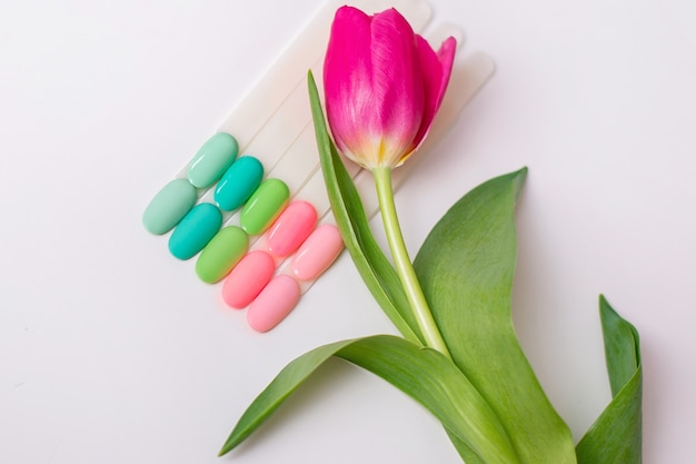 Paletas de colores primaverales de esmalte de uñas en gel para manicura y pedicura con un tulipán