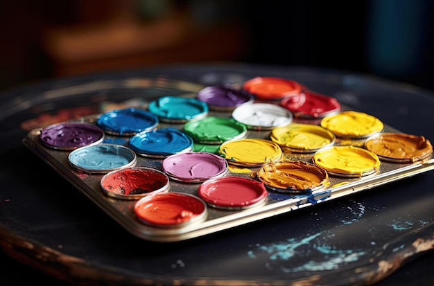 paletas de pintura coloridas em uma bandeja no estilo de lente de foco suave