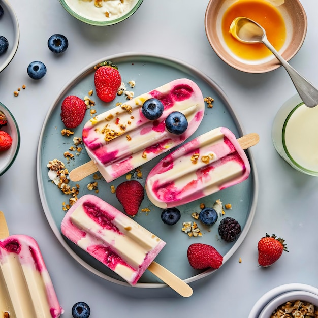 Paletas de desayuno con yogur, bayas y granola en una bandeja