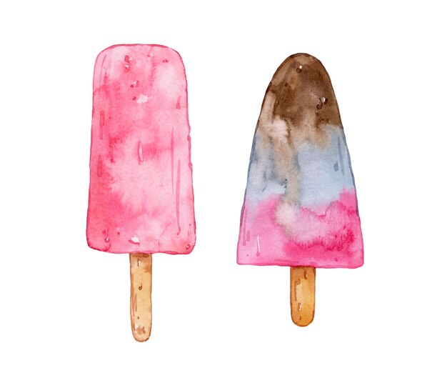 Paletas de frutas acuarela brillante sobre fondo blanco.