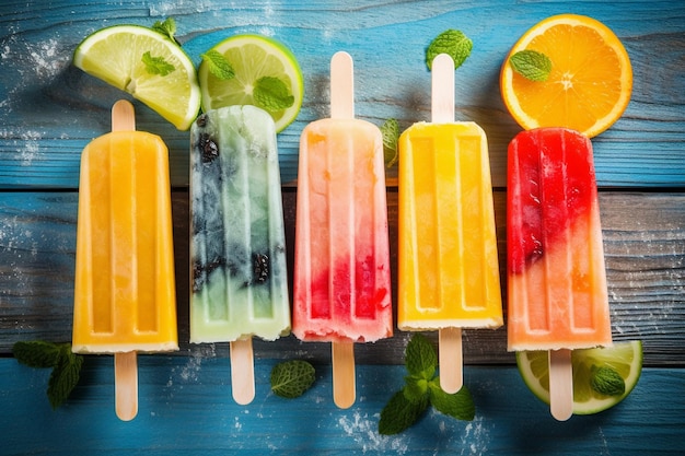 Foto paletas de frutas tropicales sobre un fondo de madera rústica azul