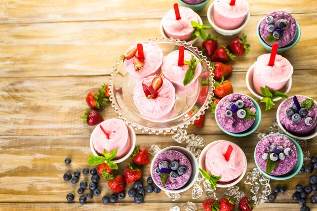 Paletas heladas caseras de arándanos y fresas en vasos de plástico.