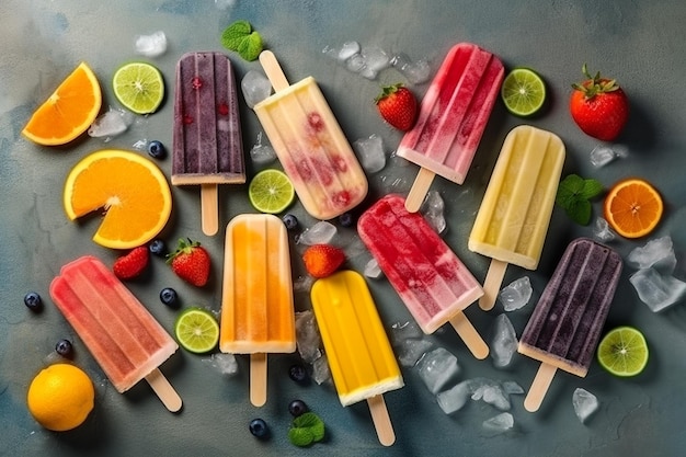 Paletas de helado con bayas de frutas y vista superior de hielo plano Postre de verano jugo de fruta congelado Imagen generada por AI
