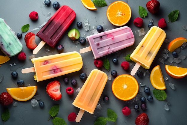 Paletas de helado con bayas de frutas y vista superior de hielo plano Postre de verano jugo de fruta congelado Imagen generada por AI