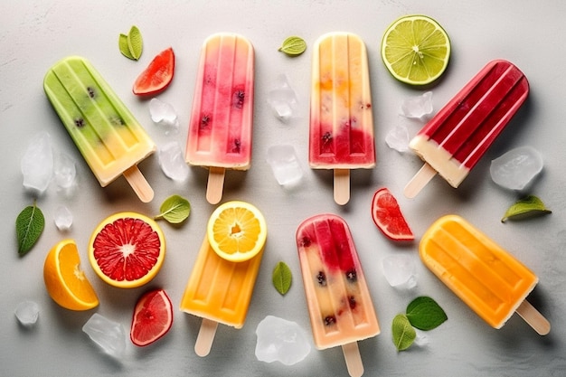 Paletas de helado con bayas de frutas y vista superior de hielo plano Postre de verano jugo de fruta congelado Imagen generada por AI