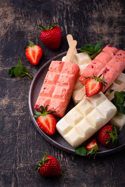 Paletas de helado de fresa con menta