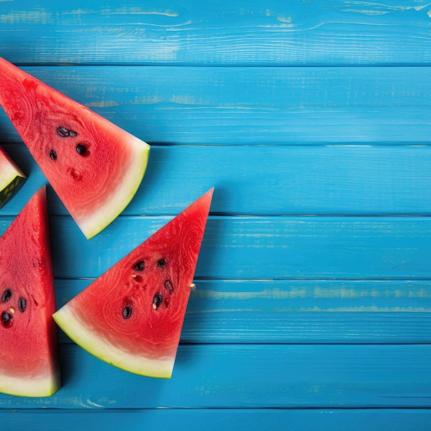 Paletas de paletas de sandía sobre un fondo de madera azul IA generativa