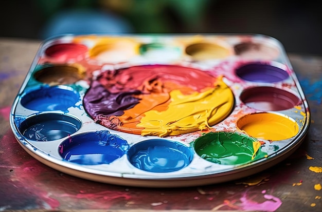 paletas de pintura de colores en una bandeja en el estilo de lente de enfoque suave