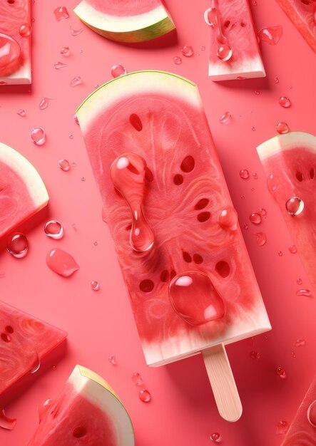 Foto paletas de sandía fresca y saludable sobre fondo rojo verano generativo ai