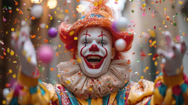 Palhaço alegre comemorando com confetes coloridos no Carnaval