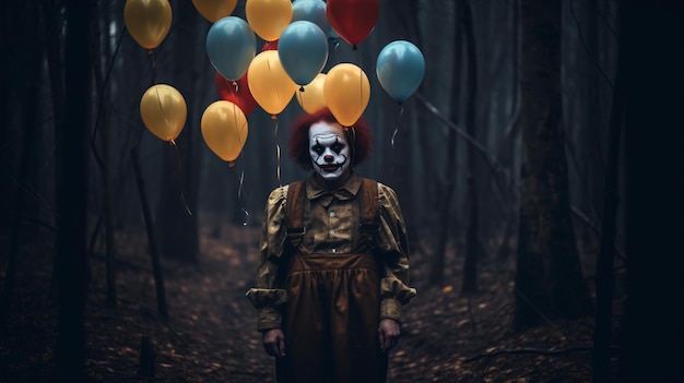 Palhaço com balões na floresta na noite de Halloween