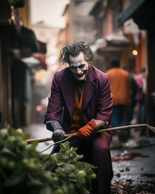 palhaço coringa na rua coletando plantas