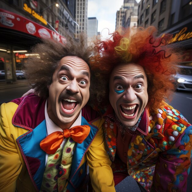 Foto palhaços sorrindo tontos e coloridos artistas