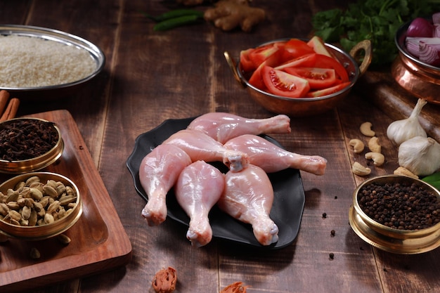 Palillos de pollo crudo dispuestos sobre una vajilla negra con ingredientes de cocina colocados cerca