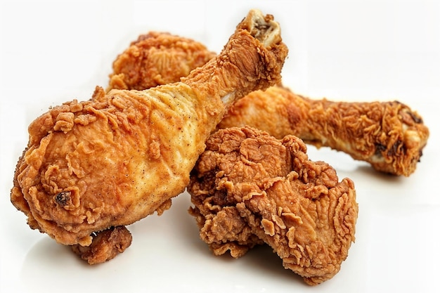 Palillos de tambor de pollo frito en fondo blanco
