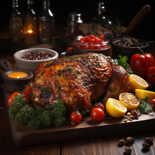 Foto palito de frango com vegetais em mesa de madeira
