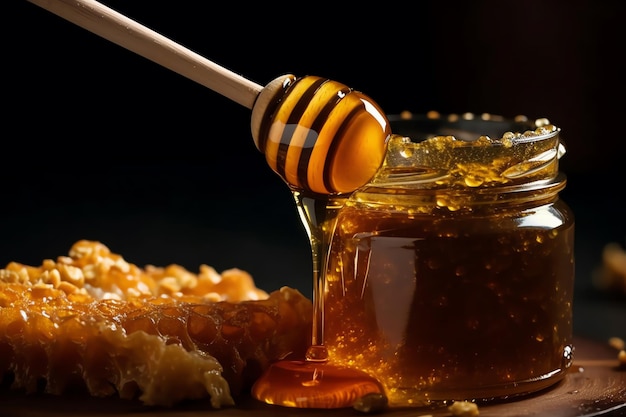 Un palito de miel sumergido en un frasco