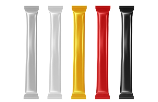 Palitos de azúcar para café en blanco, negro, rojo, plata y paquete dorado Conjunto realista de papel en blanco o bolsita de aluminio para salsa de alimentos o especias Render 3d Maqueta de paquetes de colores aislados