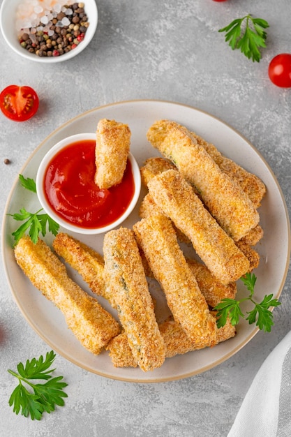 Palitos de calabacín, parmesano y ajo crujientes al horno servidos con salsa de tomate Plato saludable vegetariano