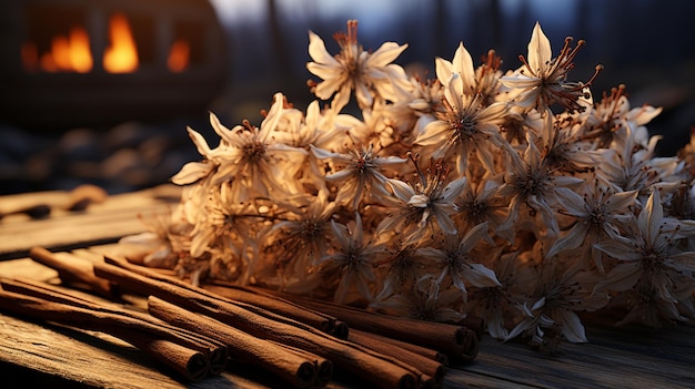 Palitos de canela con flor en mesa de madera ai generativo