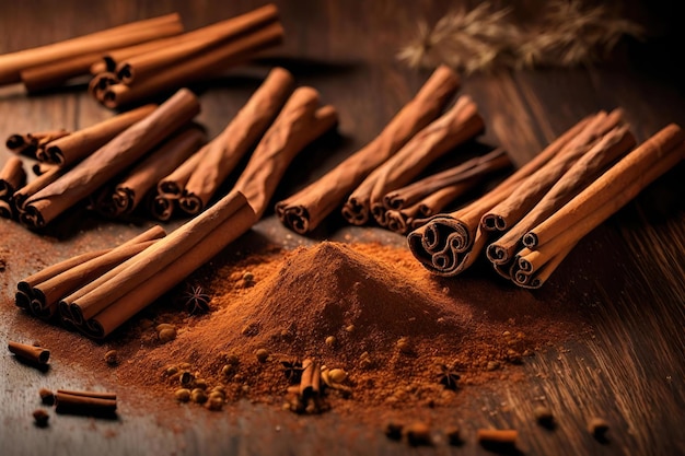 Palitos de canela y polvo de mesa de madera