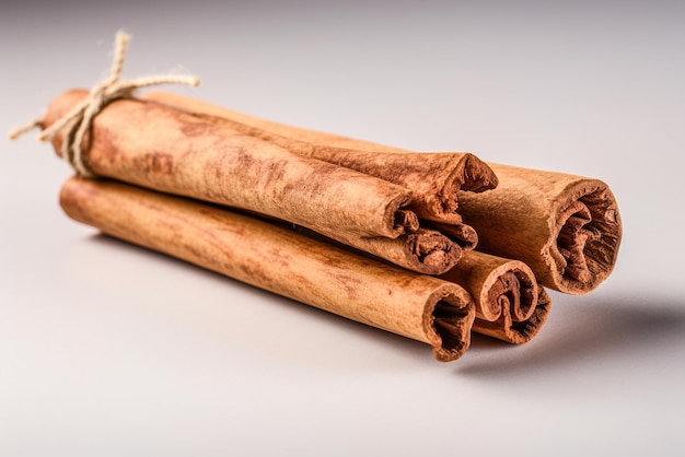 Palitos de canela sobre un fondo acrílico blanco Enfoque selectivo IA generativa