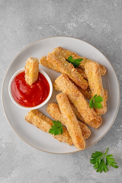 Palitos de abobrinha de parmesão de alho crocantes assados servidos com molho de tomate Prato vegetariano saudável