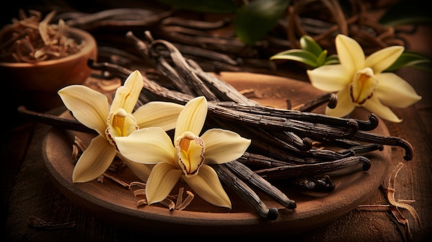 Palitos de baunilha secos e orquídea de baunília em mesa de madeira Closeup