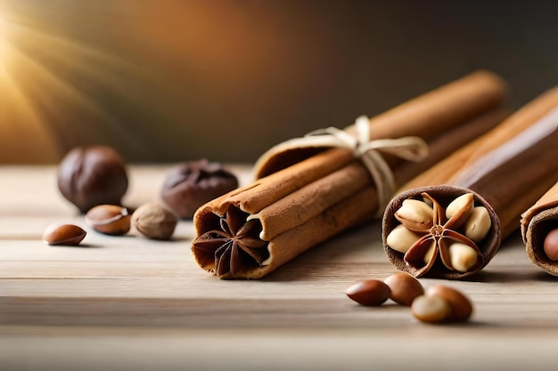 Palitos de canela com um monte de nozes numa mesa.