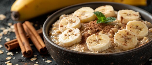 Palitos de canela e canela moída espalhados em aveia com bananas