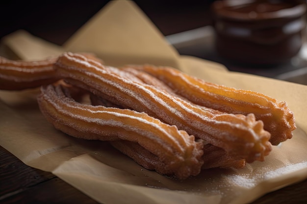 Palitos de churro Pastelaria de churros Sobremesa espanhola frita Palitos de churro Closeup Abstrato Generativo Ilustração Ai