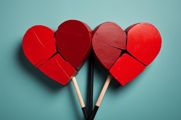 Palitos de madeira em forma de coração vermelho em fundo azul conceito de Dia dos Namorados