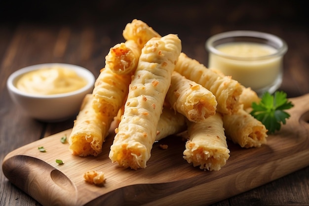 Foto palitos de queijo em massa numa tábua de madeira