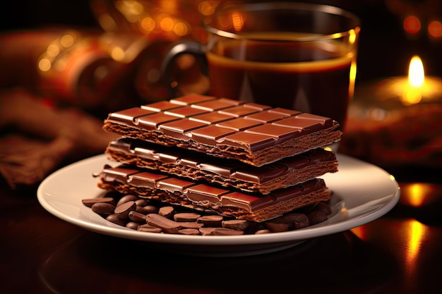 Palitos galletas bocadillo chocolate oblea palitos y taza de café con leche en fondo gris