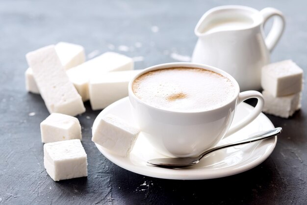 Palitos de malvavisco tumbados en la taza de fondo con crema de café recién hecho