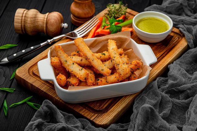 Palitos de pescado con verduras frescas en una tabla de madera