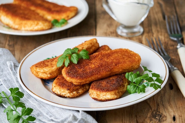 Palitos de requesón frito en un plato