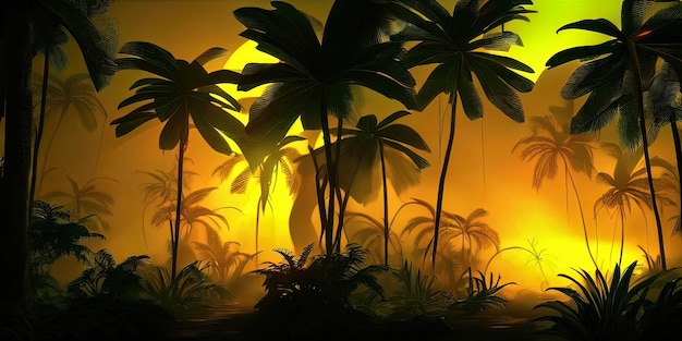 Palm Neon Forest Jungle bei Sonnenuntergang Unwirklicher Wald Schöne Neon-Fantasy-Landschaft 3D-Illustration