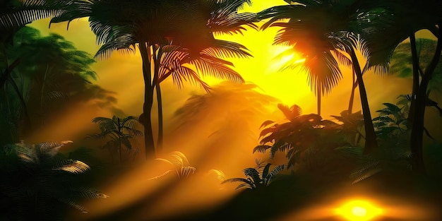 Palm Neon Forest Jungle bei Sonnenuntergang Unwirklicher Wald Schöne Neon-Fantasy-Landschaft 3D-Illustration