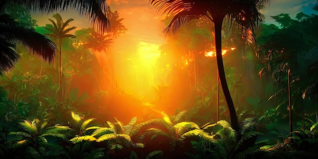 Palm Neon Forest Jungle bei Sonnenuntergang Unwirklicher Wald Schöne Neon-Fantasy-Landschaft 3D-Illustration