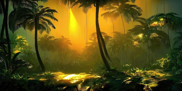 Palm Neon Forest Jungle bei Sonnenuntergang Unwirklicher Wald Schöne Neon-Fantasy-Landschaft 3D-Illustration