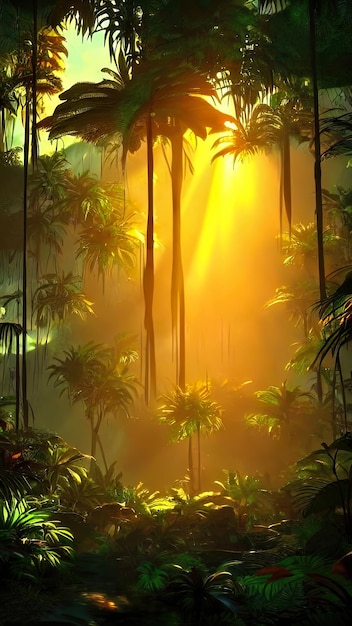 Palm Neon Forest Jungle bei Sonnenuntergang Unwirklicher Wald Schöne Neon-Fantasy-Landschaft 3D-Illustration