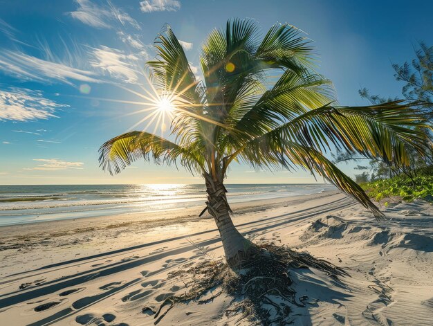 Palm tree arena clima soleado erosión de la playa fotografía luz de la lente de la hora de oro seguimiento de la vista de la toma