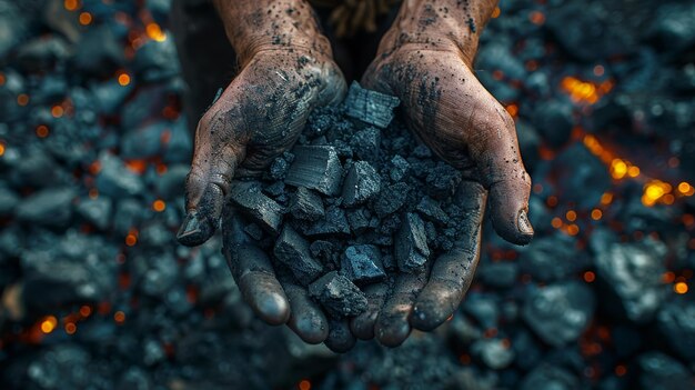 Palma de carvão nas mãos de um mineiro Conceito de mineração Vista superior