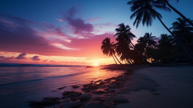 Palma en la playa durante la puesta de sol cielo rosado de una hermosa playa tropical red neuronal ai