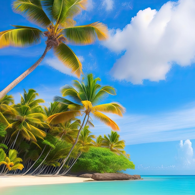 La palma de la playa tropical deja el árbol de coco meciéndose en el viento en el fondo del cielo azul del verano